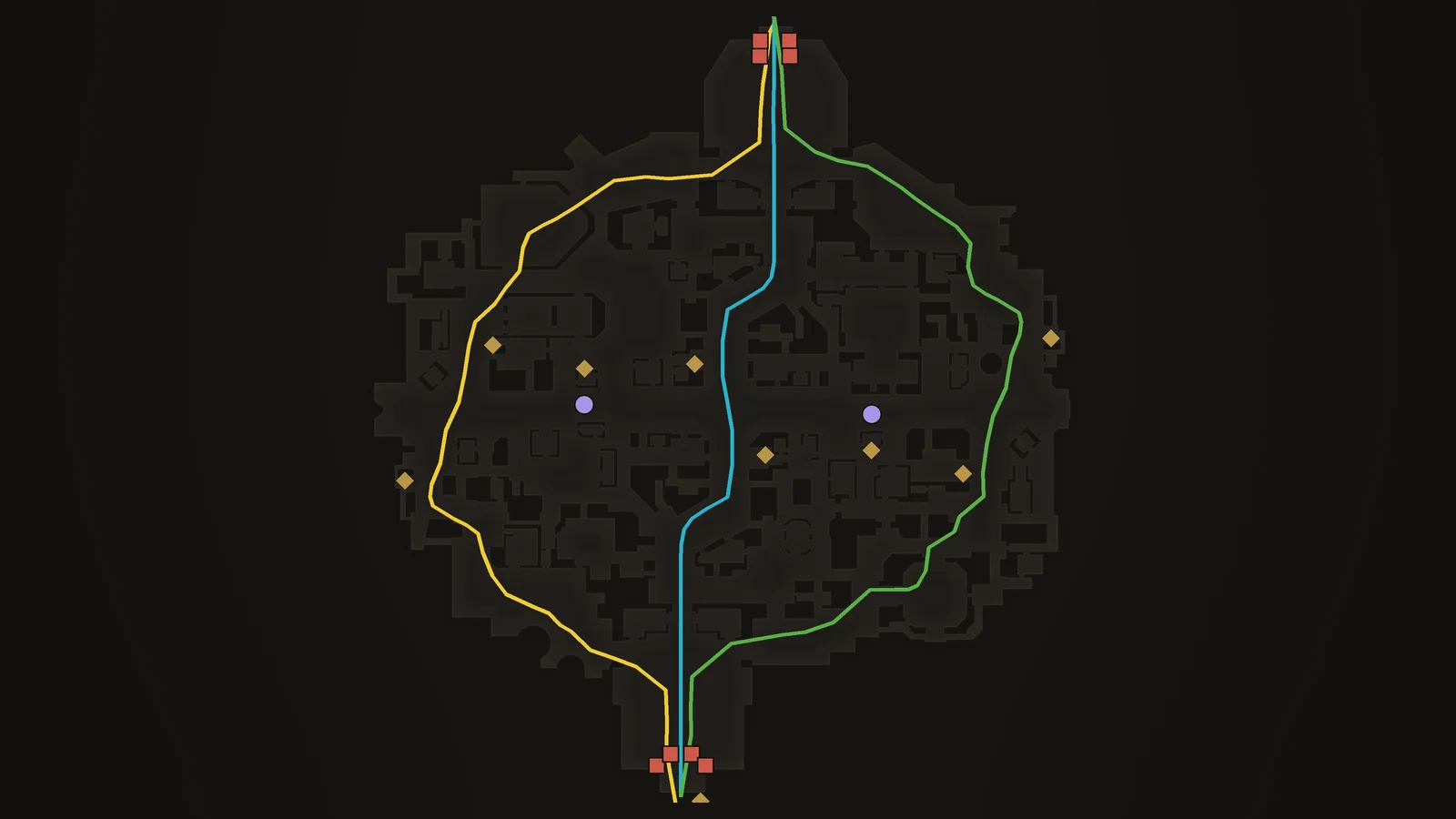 Official minimap with the three lanes, base sentries (red), shops (gold) and bridge buffs (violet)