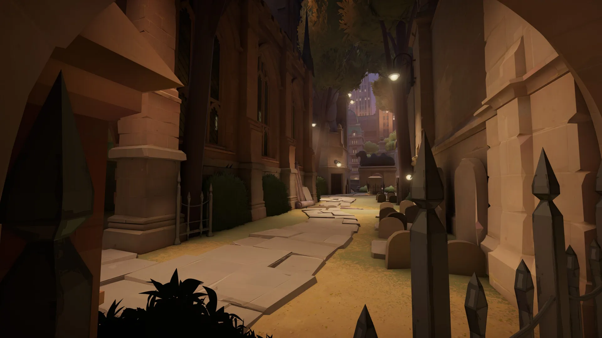 A lamp-lit churchyard path between stone buildings in Deadlock’s city