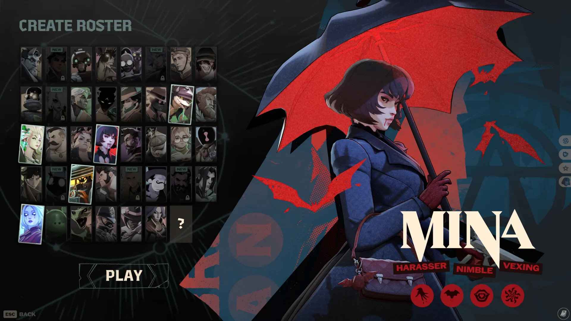 Deadlock’s Create Roster hero-select screen with Mina